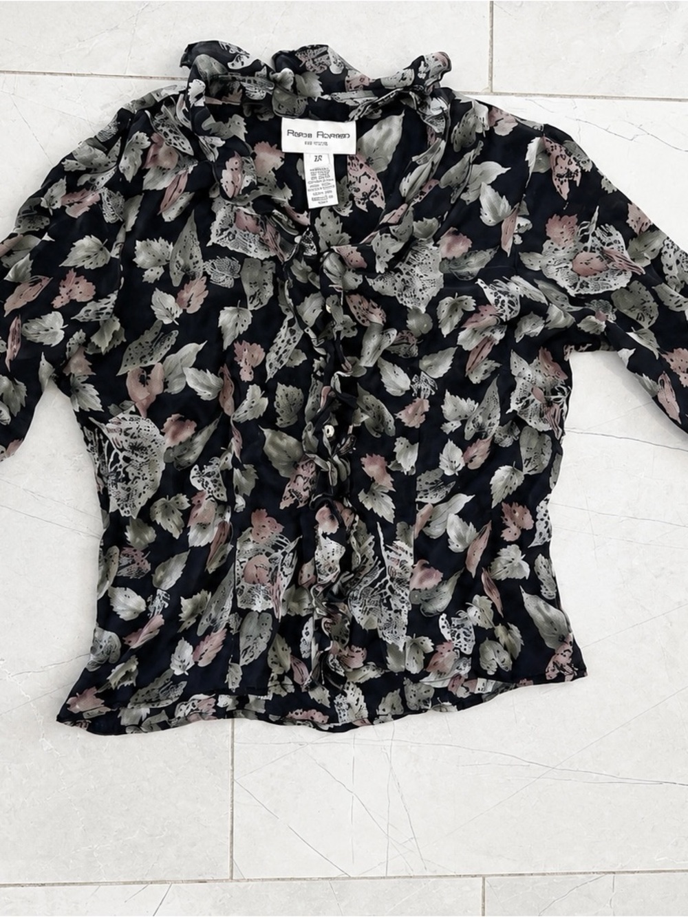 Rena Rowan Petite 100% Silk Floral Ruffle Blouse Women’s Size 2P - Picture 2 of 6